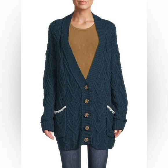 NWT- Free People Montana Cable Cardigan Sweater in Varsity Navy, Size M - Picture 3 of 7